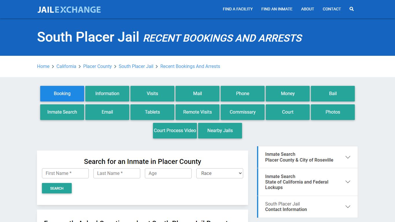 South Placer Jail Recent Bookings And Arrests - Jail Exchange